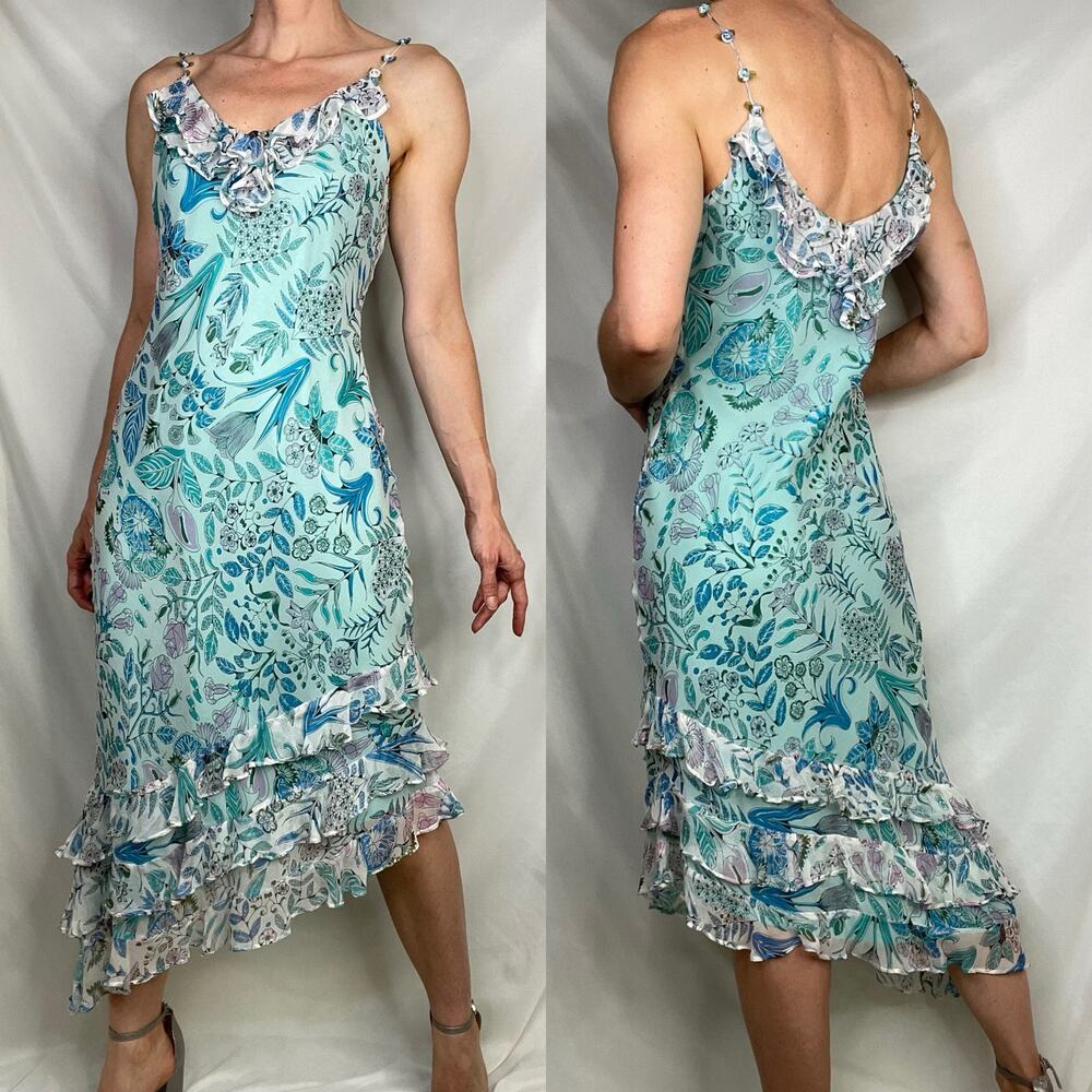 ICE silk floral fairy slip dress rosette straps ruffle asymmetrical vintage Y2K‎ - Picture 13 of 16